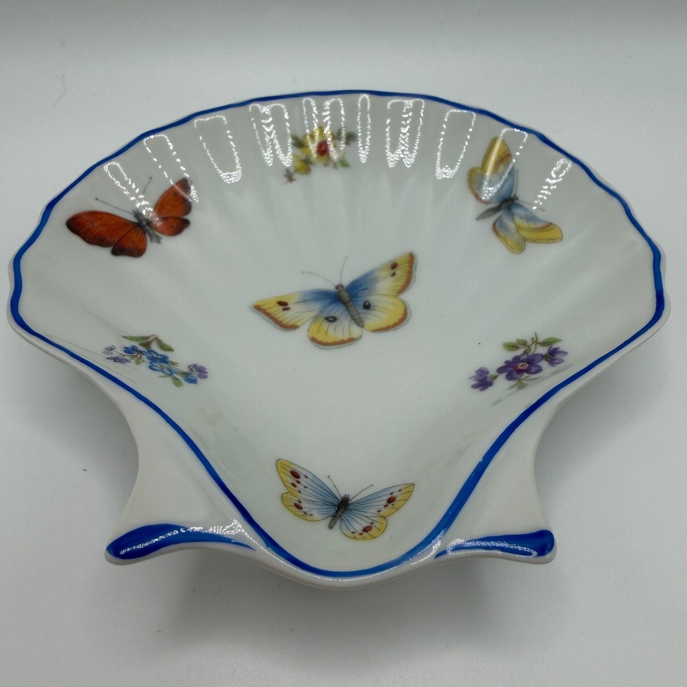 Limoges France Porcelain Clam Shell Trinket Dish Butterfly Floral